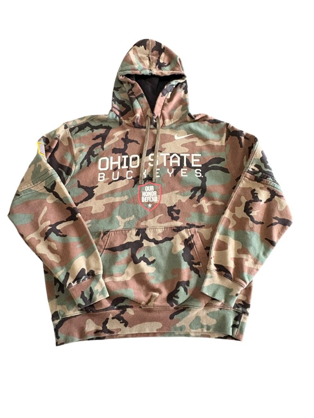 Nike Ohio State Buckeyes OSU Camo Hoodie Our Honor Defend Flag Mens Medium